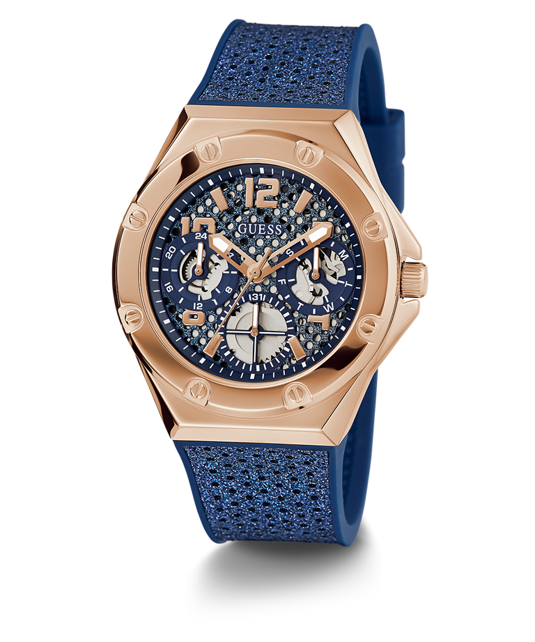 Guess Ladies Blue Rose Gold Tone Multi-Function Silicone Band Watch GW0620L3