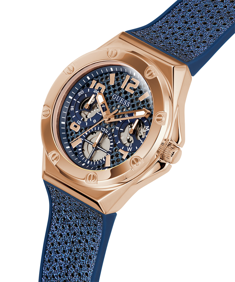 Guess Ladies Blue Rose Gold Tone Multi-Function Silicone Band Watch GW0620L3