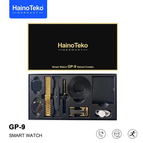 Haino Teko Germany GP9 Valued Combo Two Smart Watch with Wireless Charger and Men's Leather Wallet and Belt, Pen Gift Box