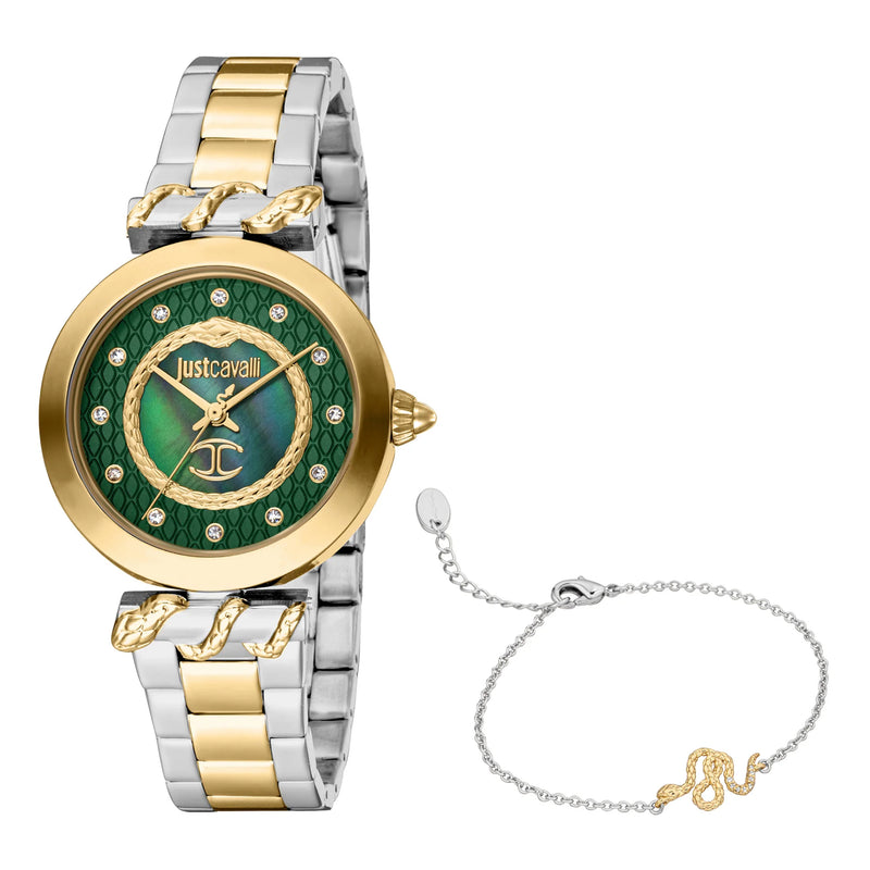 Just Cavalli Women's Donna luce Two Tones Yellow Gold Green Watch with Bracelet JC1L257M0065