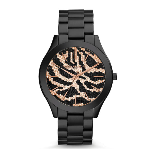 Michael Kors Women’s Slim Runway Rose Gold-Tone Pave With Zebra Pattern  Watch MK3316