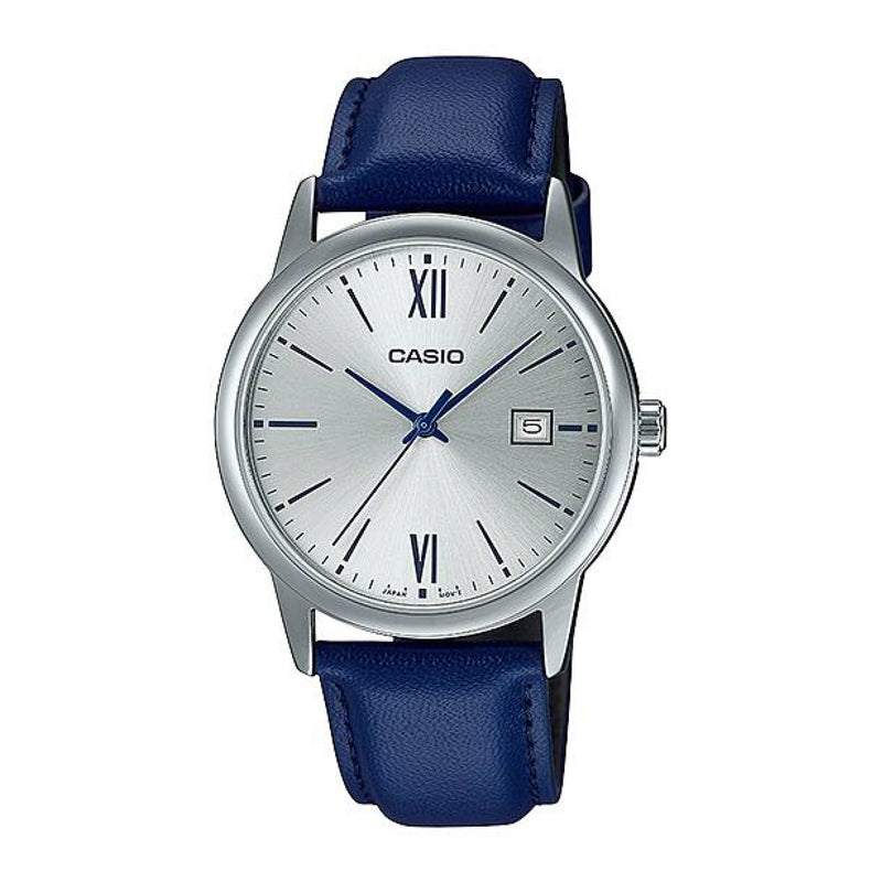 Casio Men's Analog Silver Dial Blue Leather Band Watch - MTP-V002L-2B3UDF