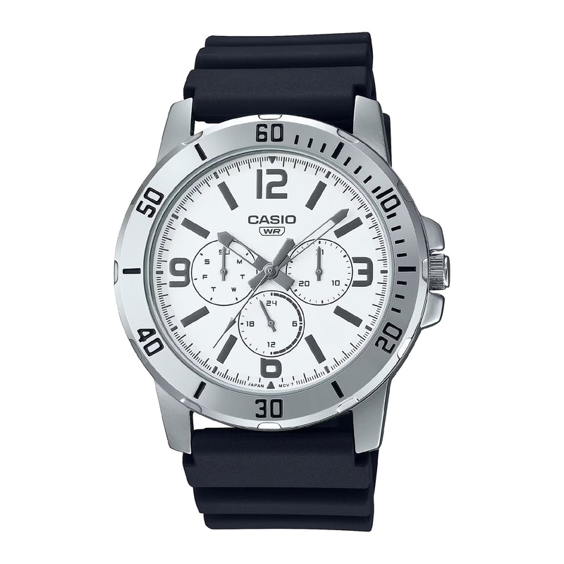 Casio Men’s Analog White Dial Black Resin Band Watch-MTP-VD300-1BUDF