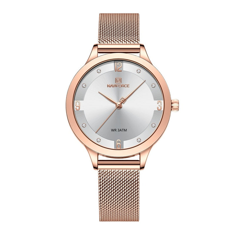 Naviforce Women’s Quartz Rose Gold Silver Dial Elegant Waterproof Wristwatch NF5023