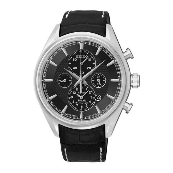 Seiko Men's Solar Chronograph Grey Dial Black Leather Watch SSC211P2