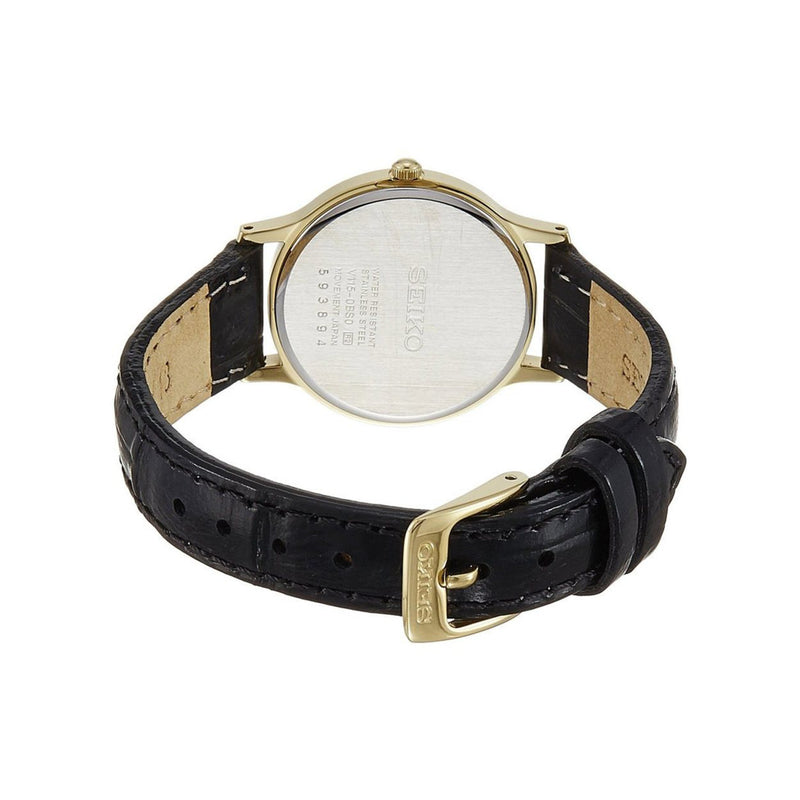 Seiko Women's Analog White Dial Black Leather Watch SUP304P1