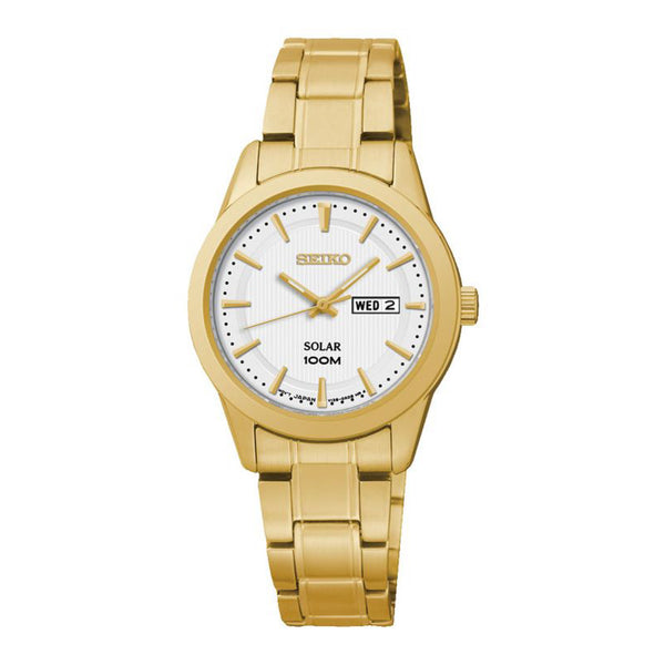 Seiko Women's Solar Powered Gold Stainless Steel White Dial Watch SUT164P1