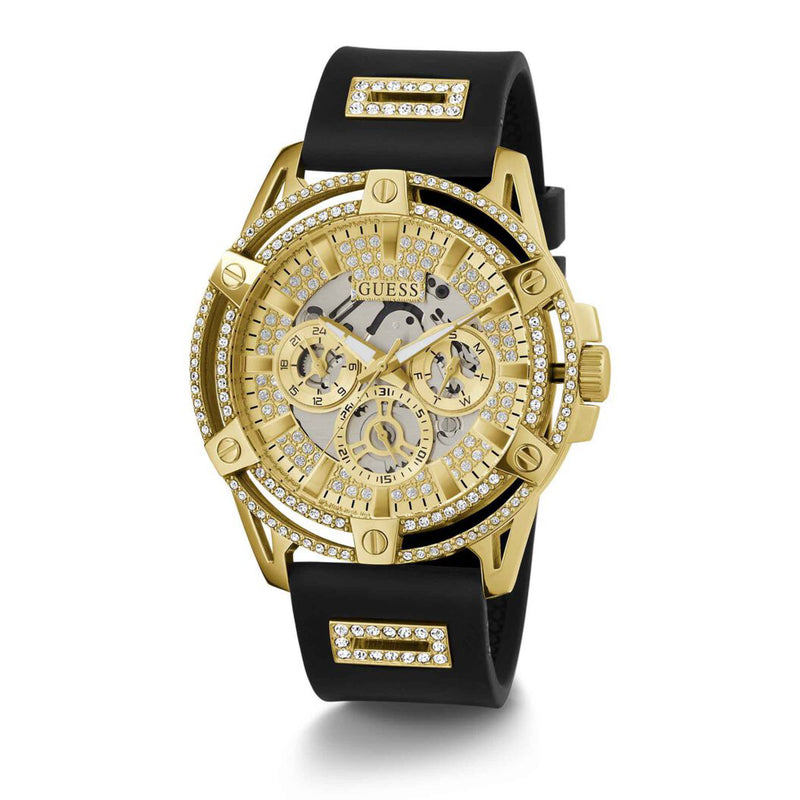 Guess Men Gold with Crystals, Black Crystal-Covered Dial Watch W1132G1