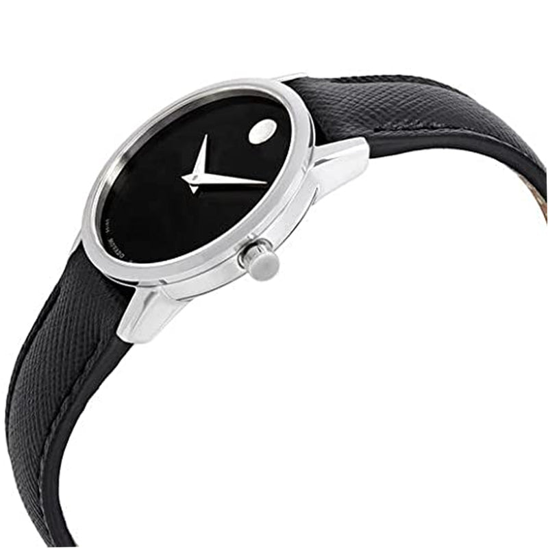 Movado 0607204 Womens Museum Classic Silver Stainless Steel Quartz Black Dial Silver Case Black leather Band Watch