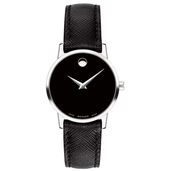 Movado 0607204 Womens Museum Classic Silver Stainless Steel Quartz Black Dial Silver Case Black leather Band Watch