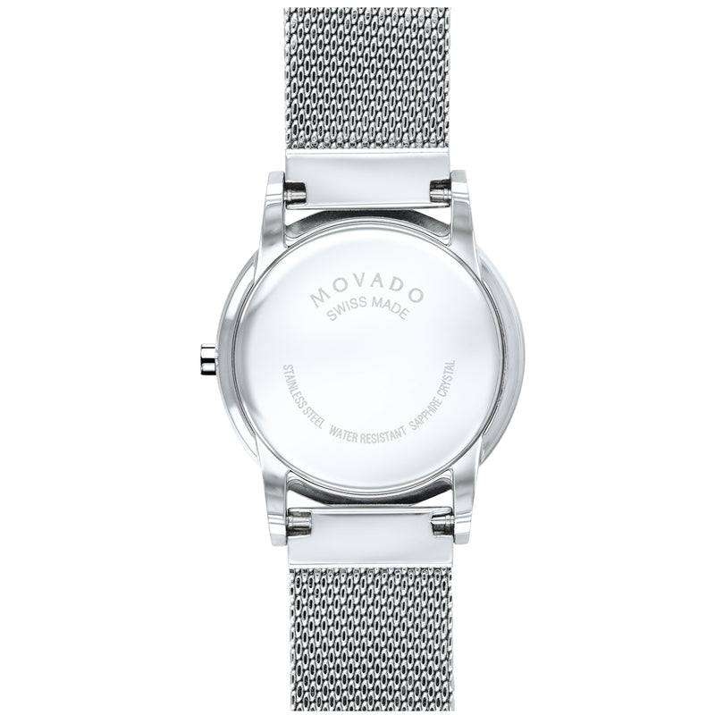 Movado 0607491 Museum Classic, 28 mm stainless steel case and mesh bracelet Women's  Watch with white mother-of-pearl dial & 11 Diamond Markers.