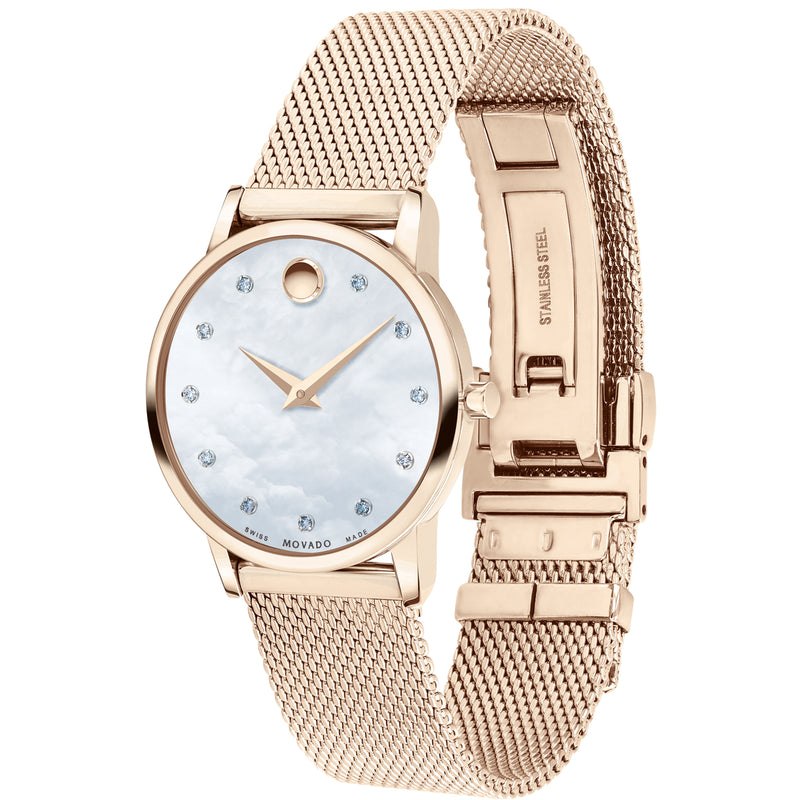 Movado 0607492 Museum Classic, 28 mm pale rose gold PVD-finished stainless steel case and mesh bracelet Women's Watch with white mother-of-pearl dial & 11 Diamond Markers