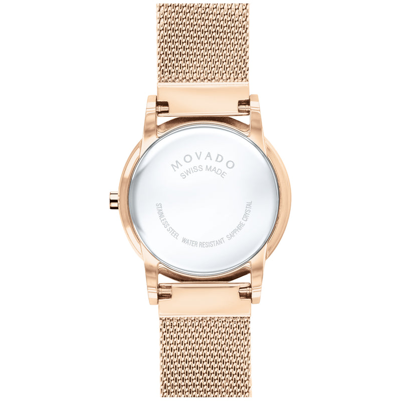 Movado 0607492 Museum Classic, 28 mm pale rose gold PVD-finished stainless steel case and mesh bracelet Women's Watch with white mother-of-pearl dial & 11 Diamond Markers