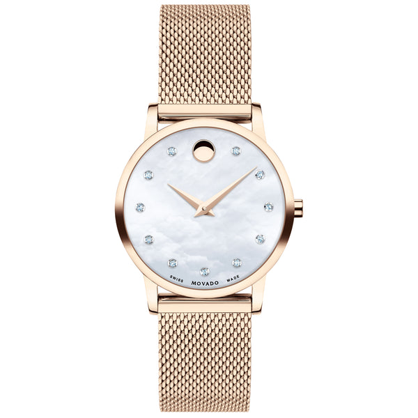 Movado 0607492 Museum Classic, 28 mm pale rose gold PVD-finished stainless steel case and mesh bracelet Women's Watch with white mother-of-pearl dial & 11 Diamond Markers