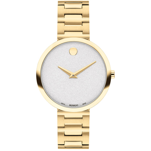 Movado 0607519 Museum Classic, 32mm pale yellow gold PVD-finished stainless steel case and t-bar bracelet with white sparkle dial.