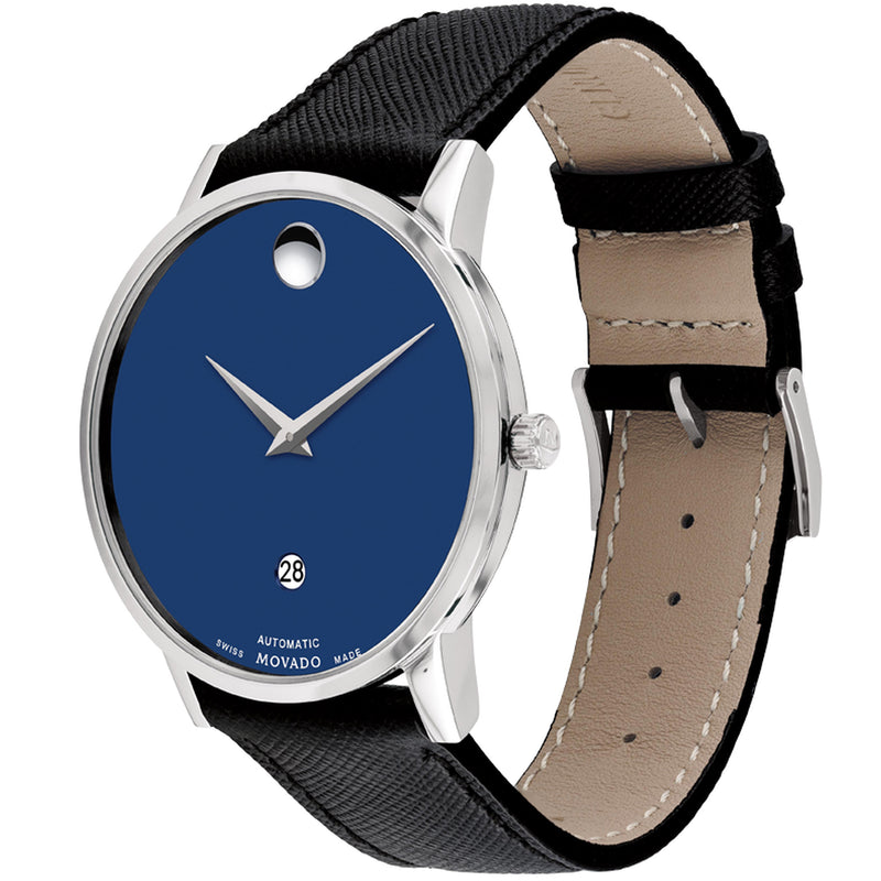 Movado 0607565 Museum Classic Automatic, 40mm stainless steel case with blue dial on black saffiano leather strap