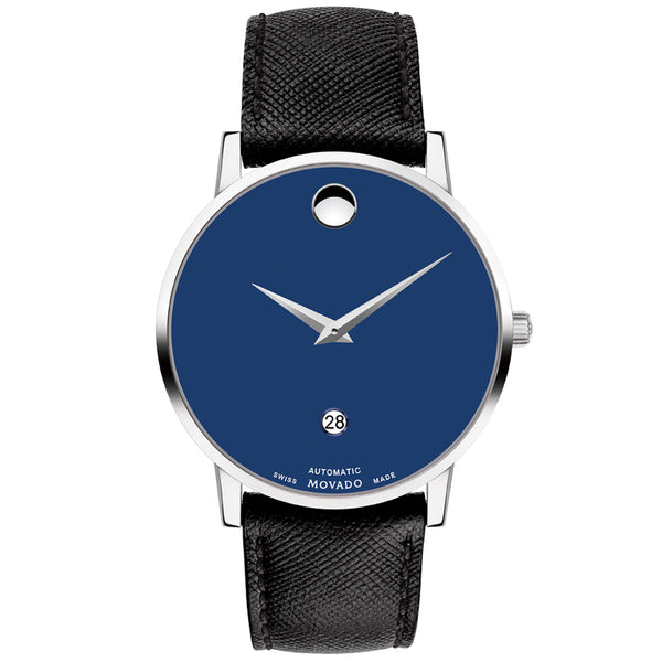 Movado 0607565 Museum Classic Automatic, 40mm stainless steel case with blue dial on black saffiano leather strap