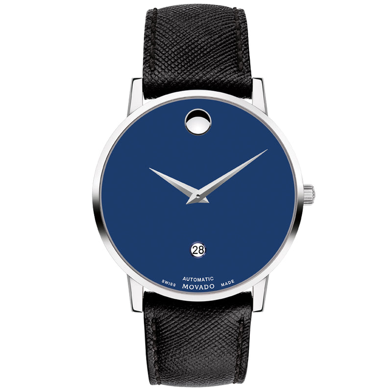 Movado 0607565 Museum Classic Automatic, 40mm stainless steel case with blue dial on black saffiano leather strap