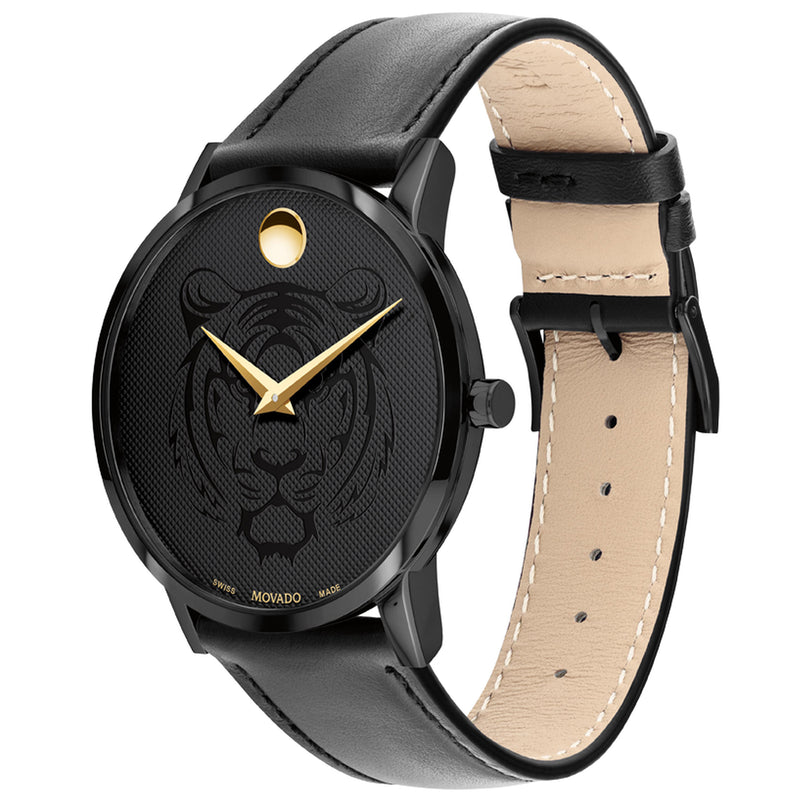Movado Museum Classic Black PVD Stainless Steel Case Quartz Sapphire Crystal Black Museum Tiger Engraved 0607586