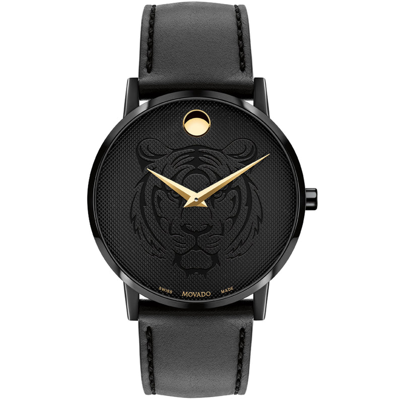 Movado Museum Classic Black PVD Stainless Steel Case Quartz Sapphire Crystal Black Museum Tiger Engraved 0607586