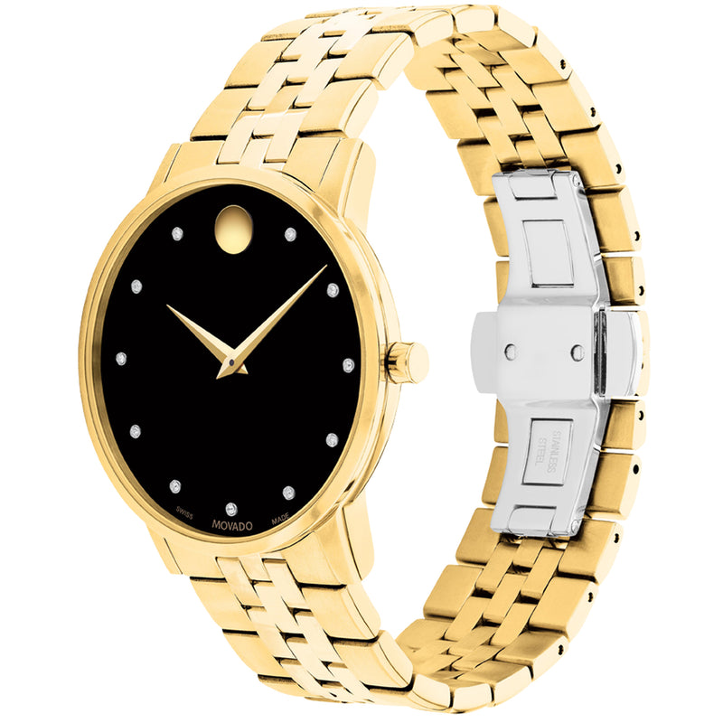 Movado Museum Classic Black Dial Yellow Gold-Tone PVD SS Link Bracelet Watch, 40mm - 0607625