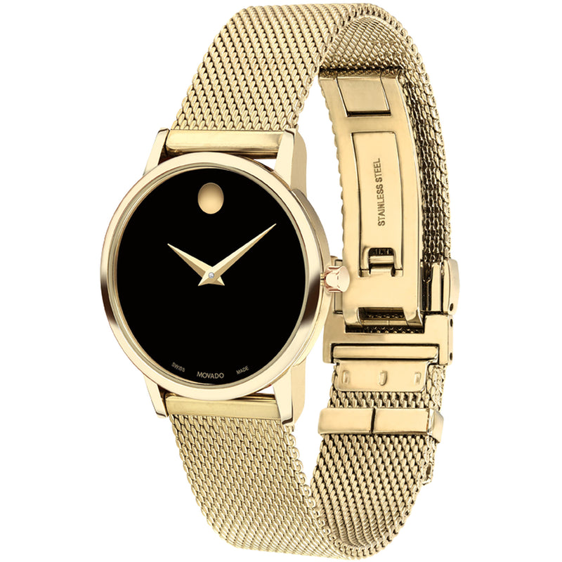 Movado 0607627 Museum Classic black dial outfitted with signature dot 28mm case and a luxurious mesh strap