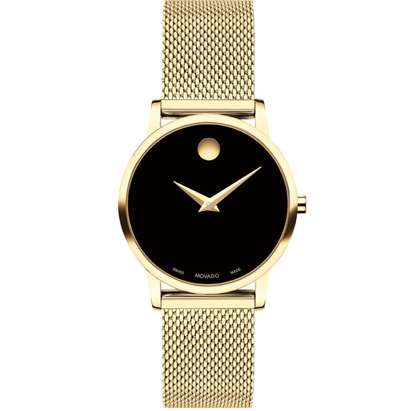 Movado 0607627 Museum Classic black dial outfitted with signature dot 28mm case and a luxurious mesh strap