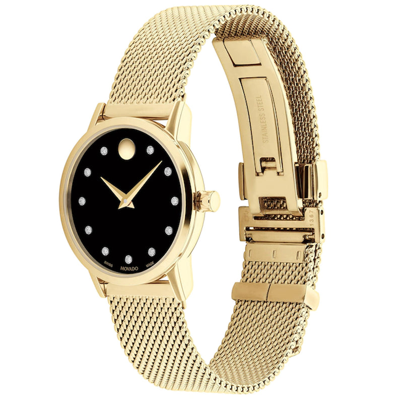 Movado 0607628 Museum Classic Diamond Watch With 28mm case and a minimalist mesh strap, all in gleaming yellow gold PVD.