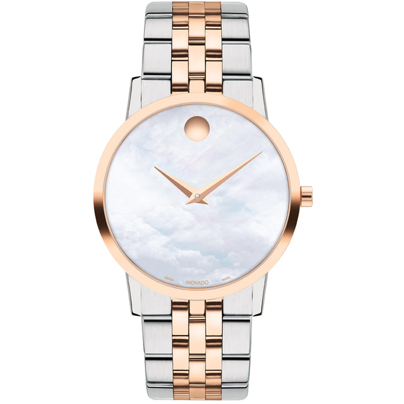 Movado 0607629 Museum Classic 33mm case with a rose gold PVD finish to a white mother-of-pearl dial and a two-tone bracelet Watch