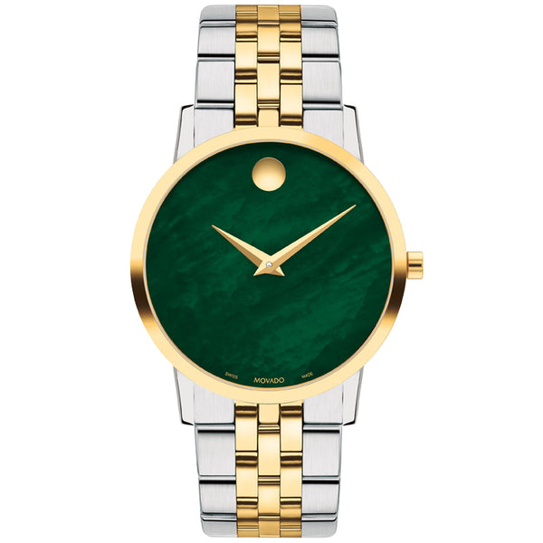 Movado 0607631 Museum Classic paired a 33mm case with a yellow gold PVD finish to a stunning green mother-of-pearl dial