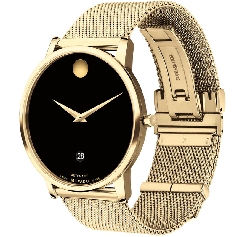 Movado 0607632 Museum Classic Automatic black dial 40mm case and a luxurious mesh strap in gleaming yellow gold PVD Watch.