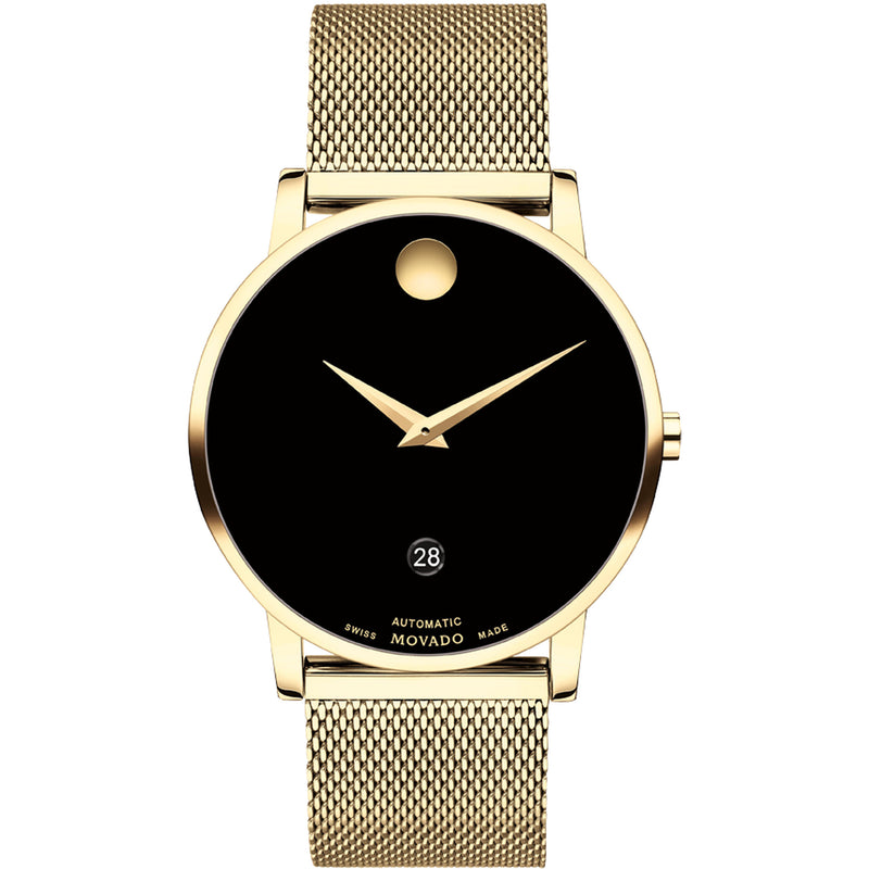 Movado 0607632 Museum Classic Automatic black dial 40mm case and a luxurious mesh strap in gleaming yellow gold PVD Watch.