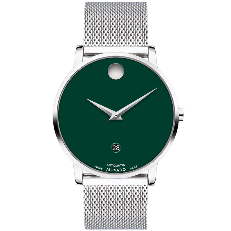 Movado 0607649 Museum Classic Automatic Green dial With 40mm case and a luxurious mesh strap in shimmering stainless steel.