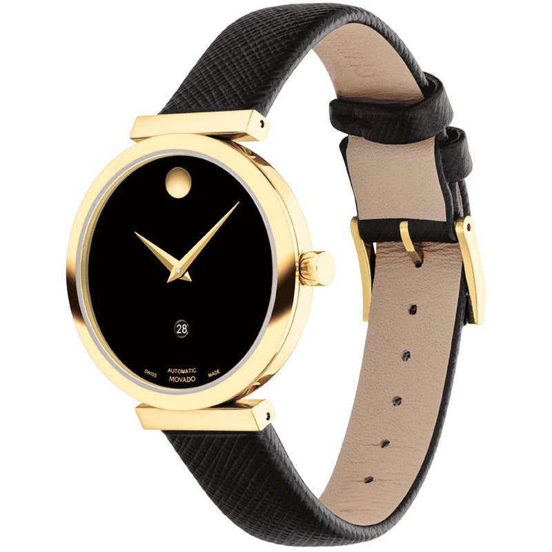 Movado 0607676 Museum Classic Automatic yellow gold PVD 32mm case with a chic black dial saffiano leather strap Watch
