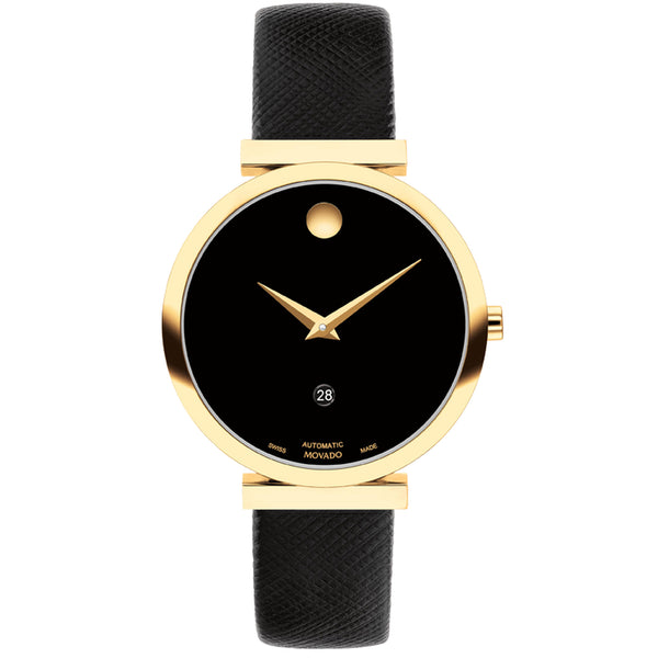 Movado 0607676 Museum Classic Automatic yellow gold PVD 32mm case with a chic black dial saffiano leather strap Watch