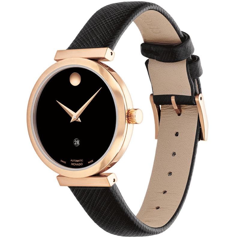 Movado 0607677 Museum Classic Automatic rich rose gold PVD 32mm case with a chic black dial Watch with saffiano leather strap