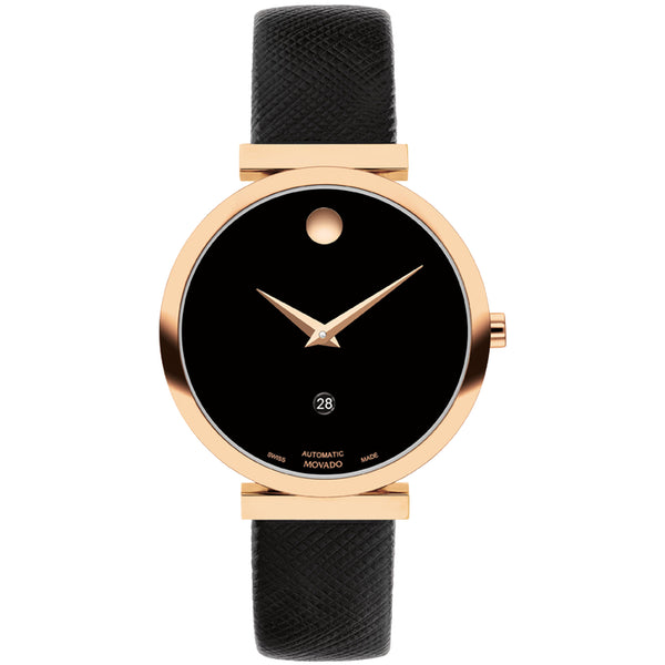 Movado 0607677 Museum Classic Automatic rich rose gold PVD 32mm case with a chic black dial Watch with saffiano leather strap