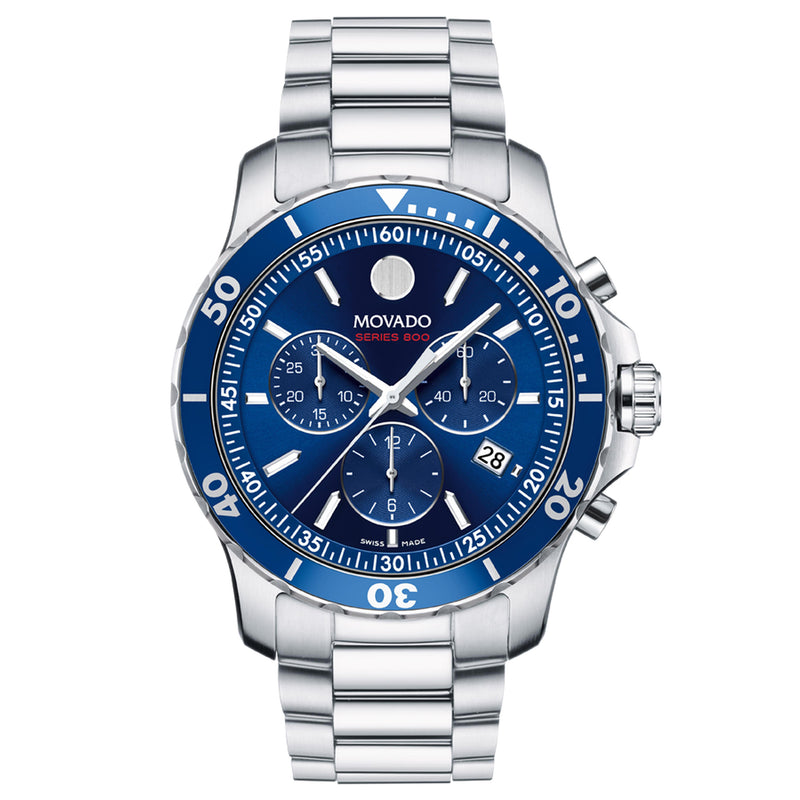 Movado 2600141 Men's Series 800 Sport Chronograph Watch with Printed Index Dial, Blue/Silver/Grey