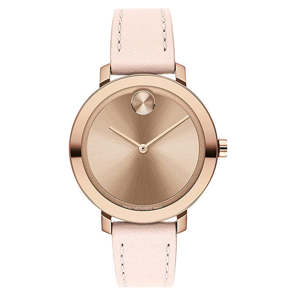 Movado 3600889 Women's Ionic Plated Carnation Gold Steel Swiss Quartz Watch with Nude Leather Strap