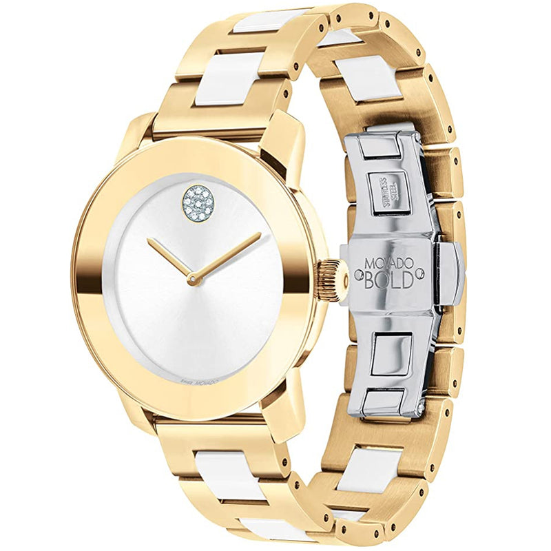 Movado 3600892 Women's Bold Iconic Pale Gold Ionic Plated Stainless Steel Case and White Ceramic Link Bracelet, Two Tone