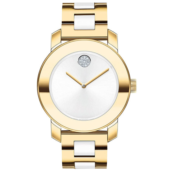 Movado 3600892 Women's Bold Iconic Pale Gold Ionic Plated Stainless Steel Case and White Ceramic Link Bracelet, Two Tone