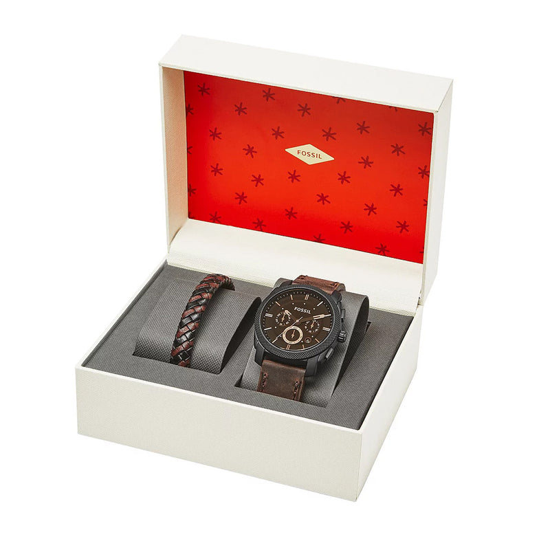 FOSSIL FS5251SET Machine Chronograph Dark Brown Leather Men's Watch and Bracelet Box Set