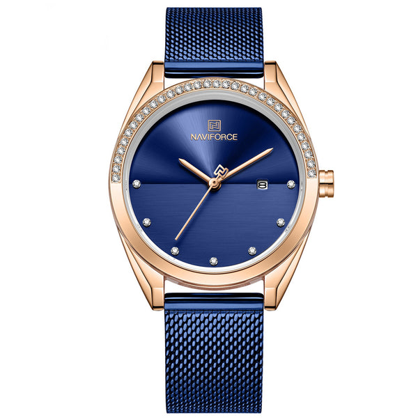 NAVIFORCE NF5015 Analog Navy blue Stainless Steel Watches for Women with Diamond Date Wristwatch