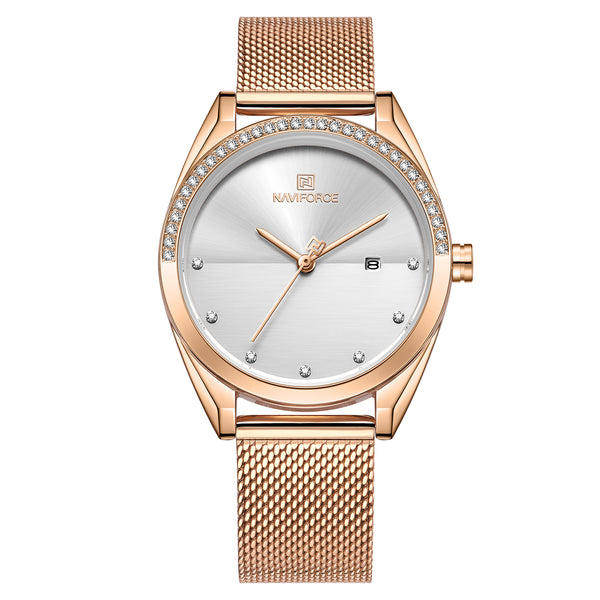 NAVIFORCE NF5015 Analog Rose Gold/ White Stainless Steel Watches for Women with Diamond Date Wristwatch