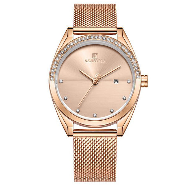 NAVIFORCE NF5015 Analog Rose Gold Stainless Steel Watches for Women with Diamond Date Wristwatch