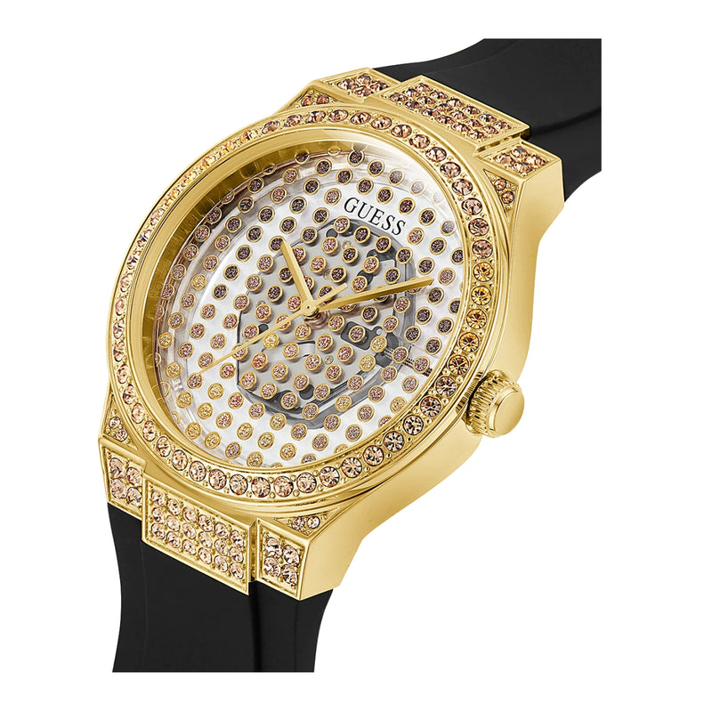Guess Gold Tone Case Black Silicone Watch - GW0482L1