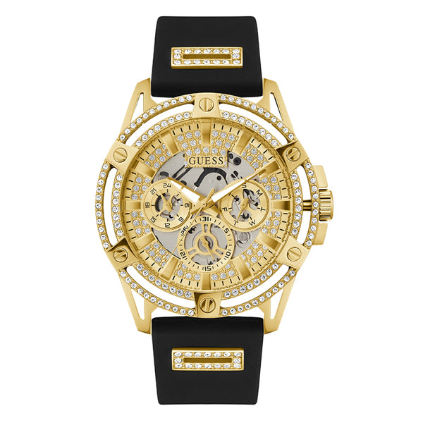 Guess King Men's Gold Dial Black/Gold Crystals Silicone Band Watch GW0537G2