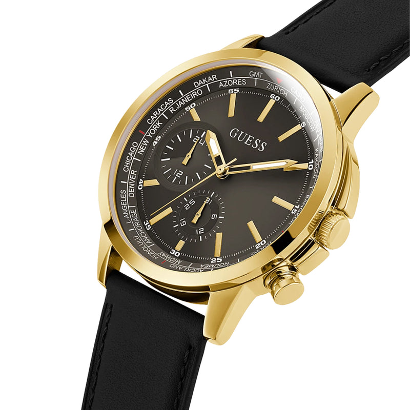 Guess Men’s Gold Tone Case Black Genuine Leather Watch GW0540G1