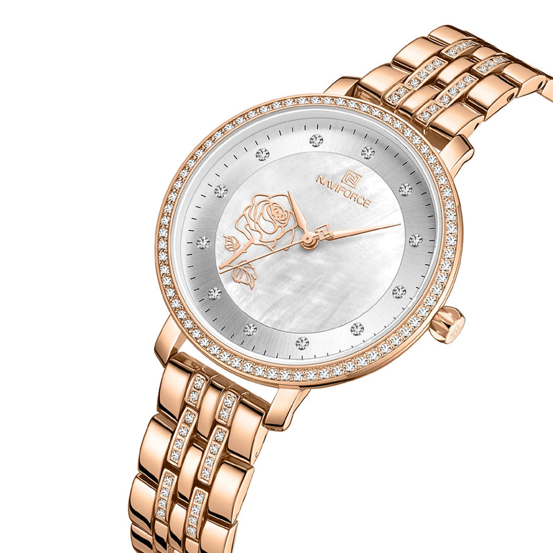 Womens Casual Diamond Surrounded Stainless Steel Rose Gold Watch