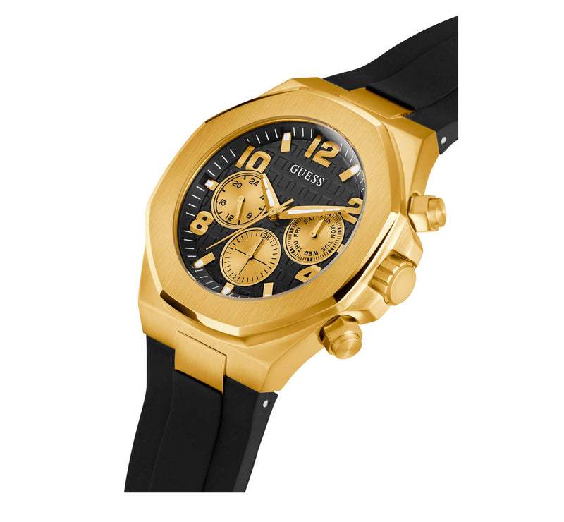 Guess Men\'s Gold Case Silicone Watch Empire GW0583G2 Tone Black